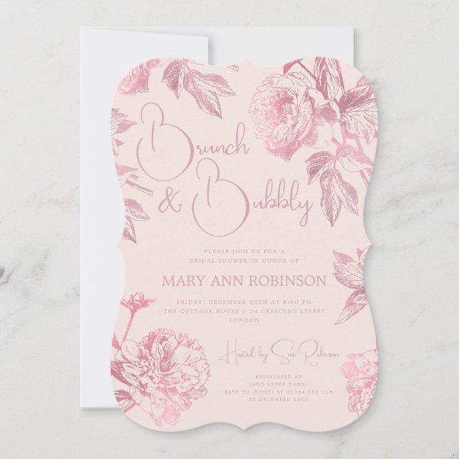 BRUNCH BUBBLY Rose Gold Floral Bridal Shower Blush Invitation (Front)
