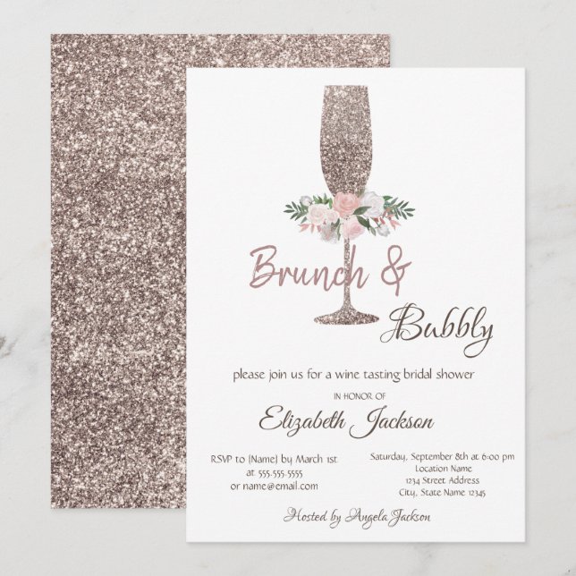 Brunch & Bubbly Rose Gold Glitter Bridal Shower  Invitation (Front/Back)