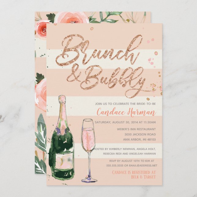 Brunch & Bubbly Rose Gold Glitter Bridal Shower Invitation (Front/Back)
