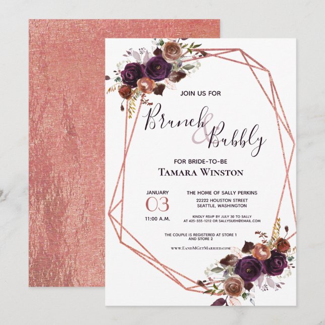 Brunch & Bubbly Rose Gold Purple Geometric Shower Invitation (Front/Back)