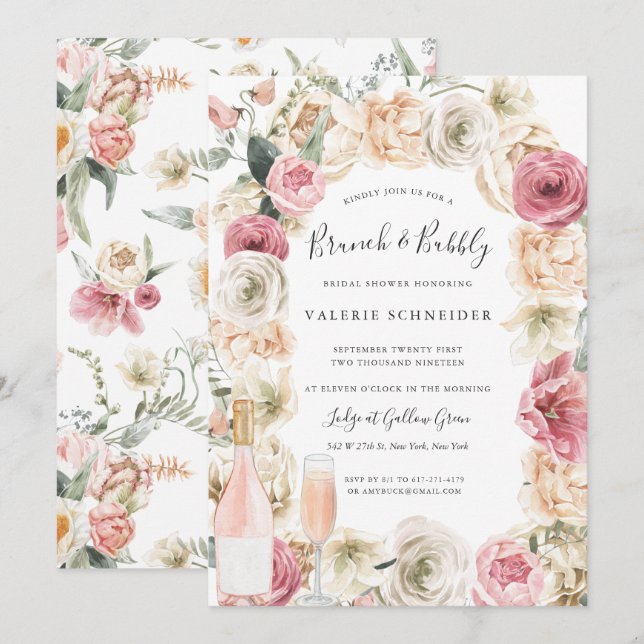 Brunch & Bubbly | Rosé Wine Floral Bridal Shower Invitation (Front/Back)