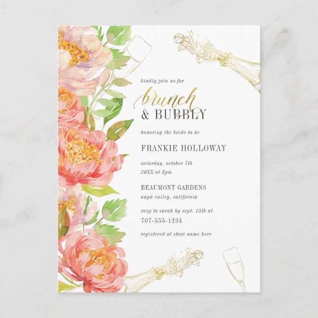 Brunch & Bubbly Roses & Gold Glitter Bridal Shower Invitation Postcard (Front)