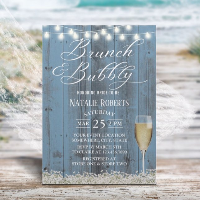 Brunch & Bubbly Rustic Dusty Blue Bridal Shower Invitation (Creator Uploaded)