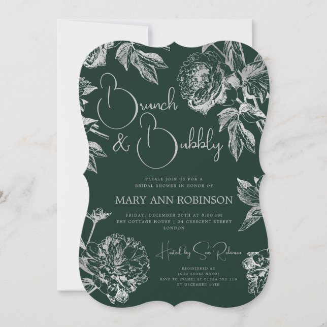 BRUNCH BUBBLY Silver Floral Bridal Shower Emerald Invitation (Front)