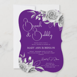 BRUNCH & BUBBLY Silver Floral Bridal Shower Purple Invitation