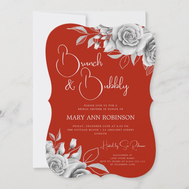 BRUNCH & BUBBLY Silver Floral Bridal Shower Red Invitation (Front)