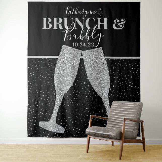 Brunch Bubbly Silver Glitter Champagne Backdrop Tapestry (In Situ)