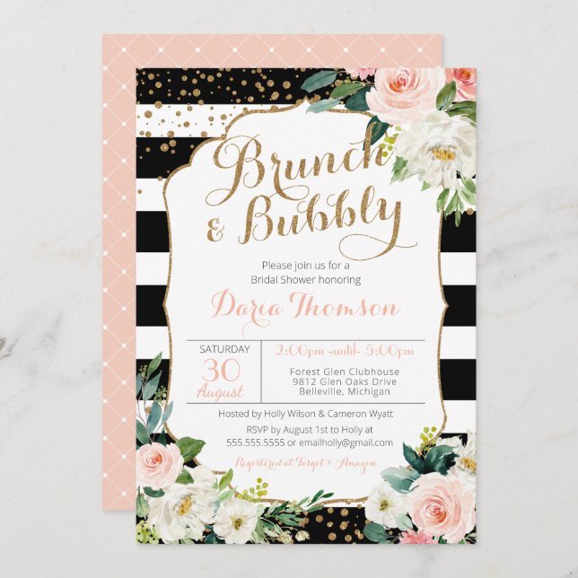 Brunch & Bubbly Stripe Blush Floral Bridal Shower Invitation (Front/Back)