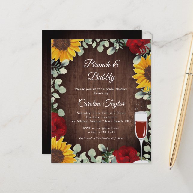 Brunch Bubbly Sunflowers Roses Wine Bridal Shower  (Front/Back In Situ)