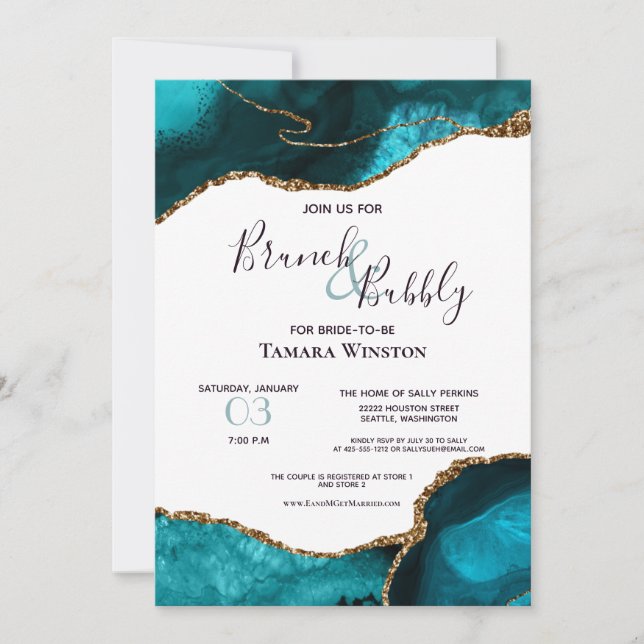Brunch Bubbly Teal Gold Glitter Agate Shower Invitation (Front)