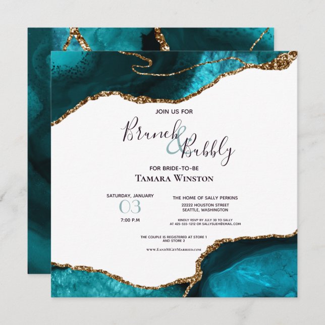 Brunch Bubbly Teal Gold Glitter Agate Shower Invitation (Front/Back)