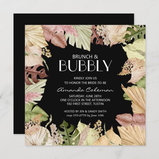 Brunch Bubbly Tropical Leaves Bridal Shower Invite (Front/Back)
