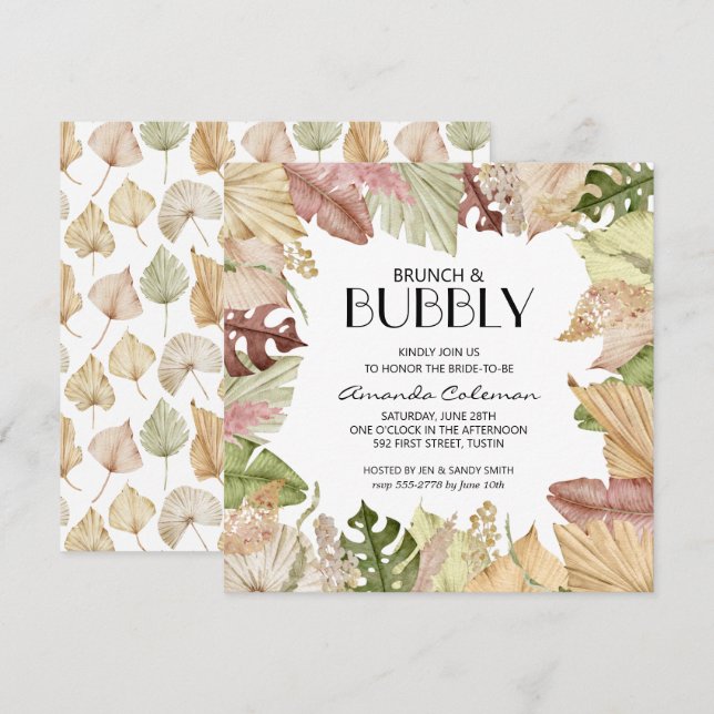 Brunch Bubbly Tropical Leaves Bridal Shower Invite (Front/Back)