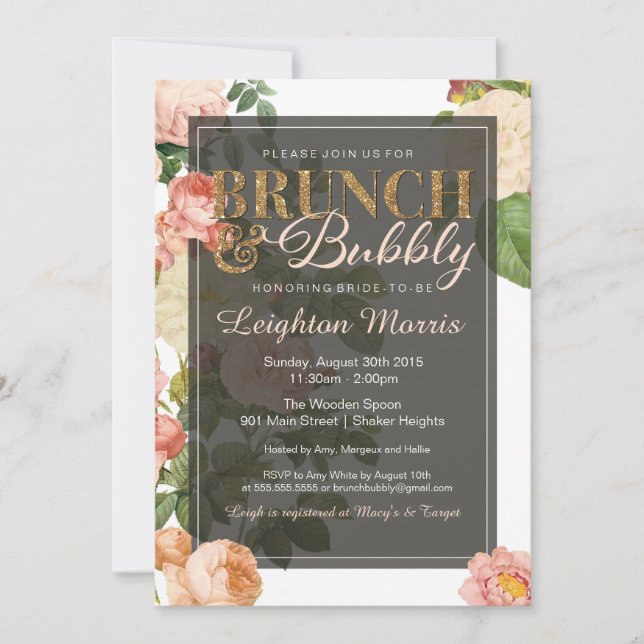Brunch & Bubbly Vintage Floral Bridal Shower Invitation (Front)