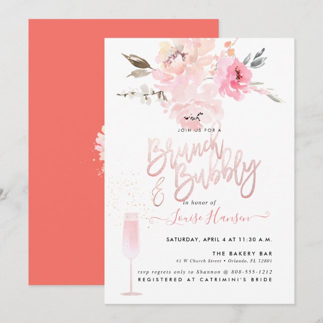 Brunch+Bubbly, Watercolor Blush Pink Peonies Invitation (Front/Back)