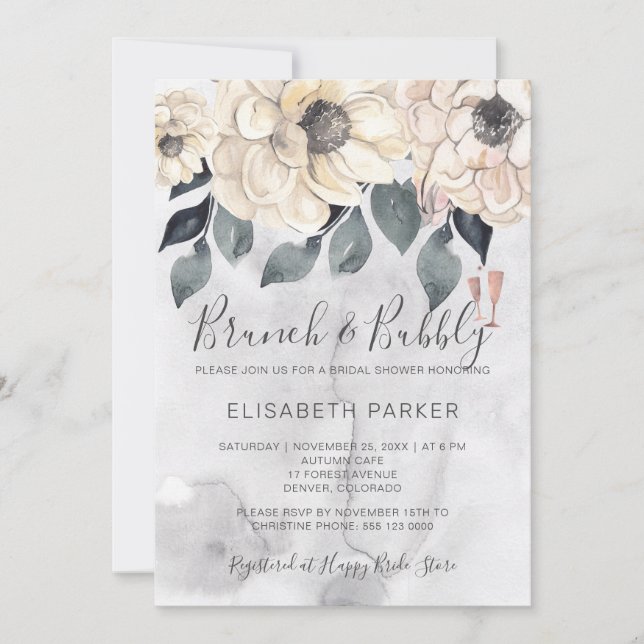 Brunch & bubbly watercolor floral bridal shower invitation (Front)
