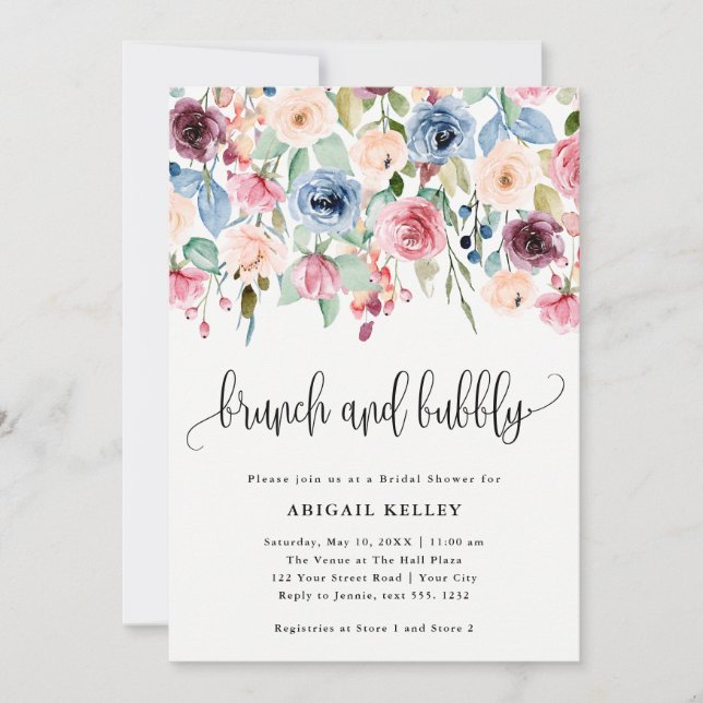 Brunch & Bubbly Watercolor Flowers Bridal Shower Invitation (Front)