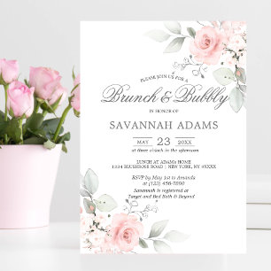 BRUNCH & BUBBLY Watercolor Pink Rose Budget Bridal Invitation