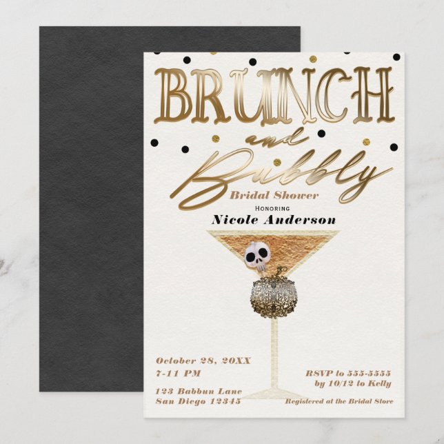 Brunch & Bubbly Wine Gold Halloween Bridal Shower Invitation (Front/Back)