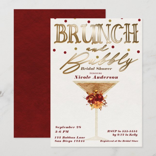 Brunch & Bubbly Wine Gold Red Fall Bridal Shower Invitation (Front/Back)