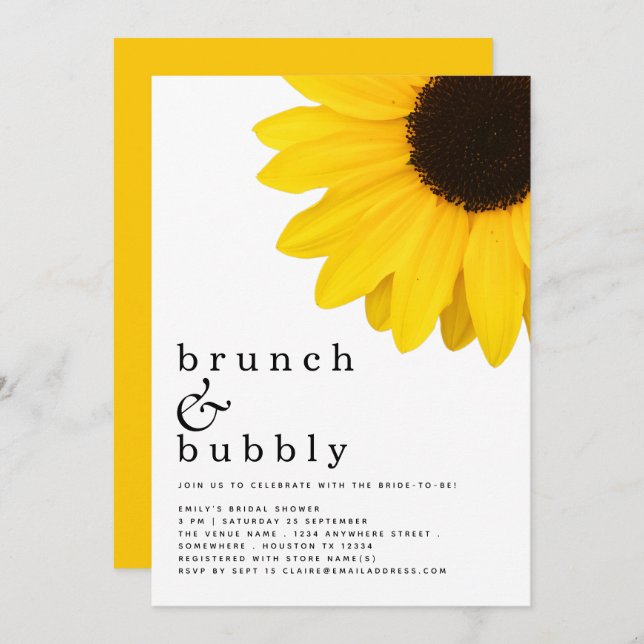Brunch Bubbly Yellow Sunflower Bridal Shower Invitation (Front/Back)