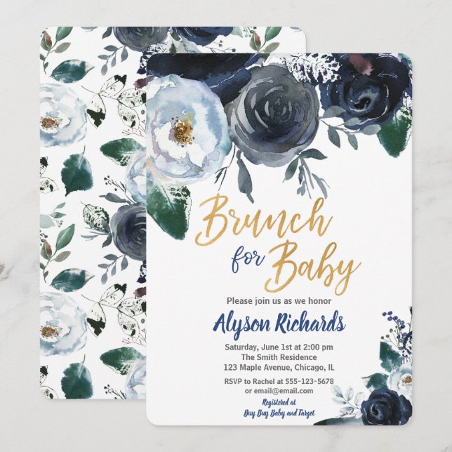 Brunch for baby boy shower invitations peony blue (Front/Back)