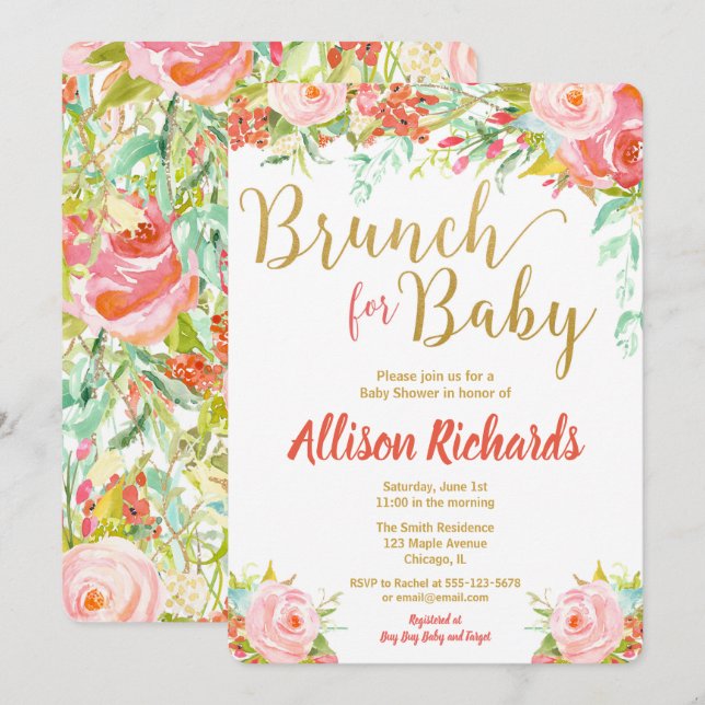 Brunch for baby shower girl invitations floral (Front/Back)