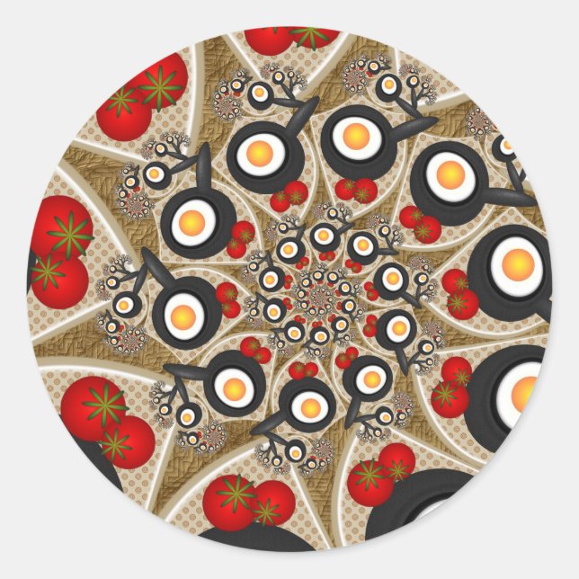 Brunch Fractal Art Funny Food, Tomatoes, Eggs Classic Round Sticker (Front)