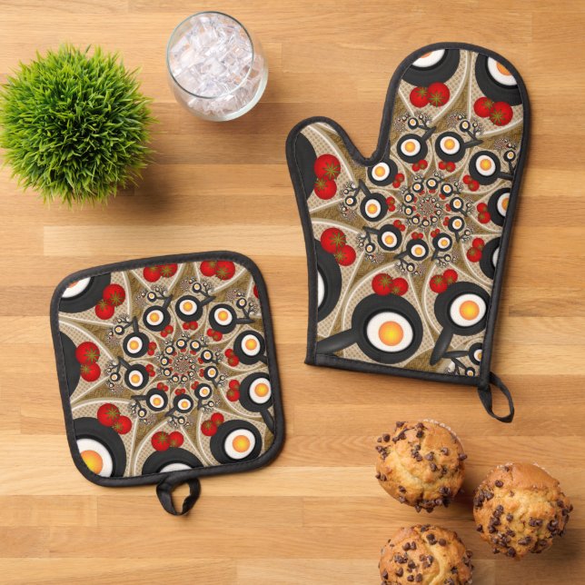 Brunch Fractal Art Funny Food, Tomatoes, Eggs Oven Mitt & Pot Holder Set (Top Down)