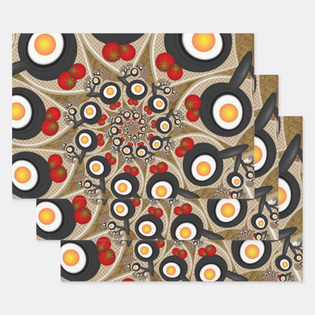 Brunch Fractal Art Funny Food, Tomatoes, Eggs Wrapping Paper Sheet (Set)
