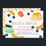 Brunch Pancake PJ Watercolor Kids Birthday Invitation<br><div class="desc">This cute " rise and shine " kids' birthday invitation features a white background surrounded by pancakes, strawberries, blueberries, sausages, and a cup of coffee in watercolor. The reverse side features a white background with pink and yellow diagonal stripes. Personalise it for your needs. You can find more polar bear...</div>