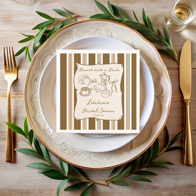 Brunch with bride retro coffee bridal shower napkin (Brunch with bride vintage retro  brown stripes hand drawn coffee bridal shower personalized napkins)
