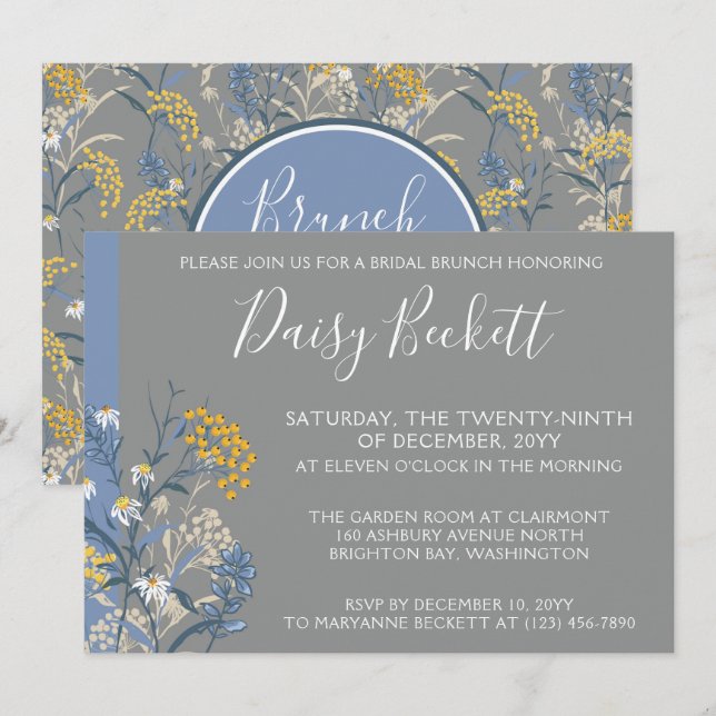 Brunch With The Bride Botanical Daisy Yellow Navy Invitation (Front/Back)