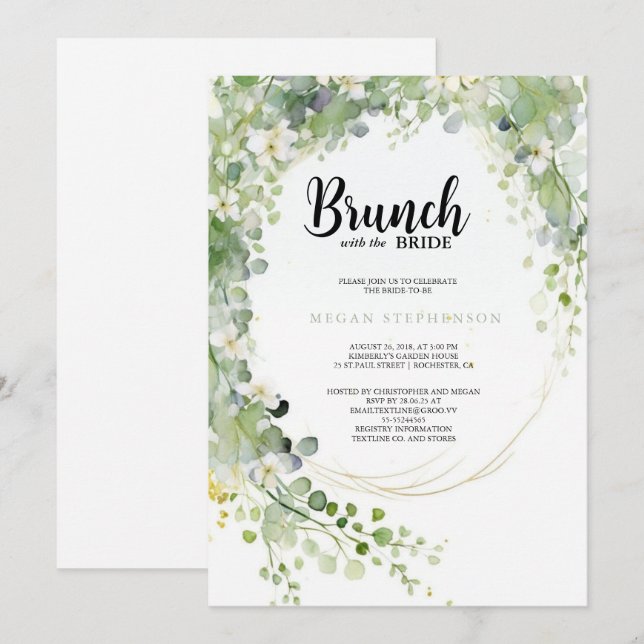 Brunch with the Bride Gold Greenery Bridal Shower Invitation (Front/Back)