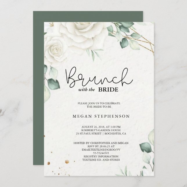 Brunch with the Bride Gold Greenery Bridal Shower Invitation (Front/Back)