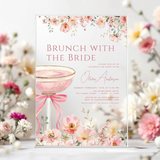 Brunch with The Bride Pink Bow Bridal Shower Acrylic Invitations (Creator Uploaded)