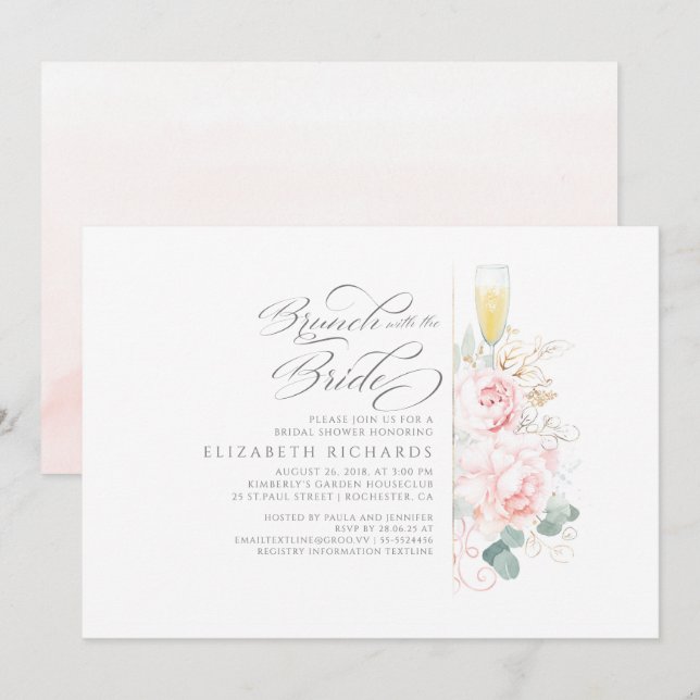 Brunch with the Bride Pink Floral Bridal Shower Invitation (Front/Back)