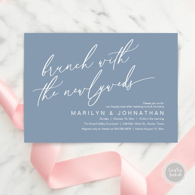 Brunch With The Newlyweds, Post Wedding Celebrate Invitation (Brunch With The Newlyweds, Romantic Modern Post Wedding Celebrate Invitation Card PDF Dusty Blue)