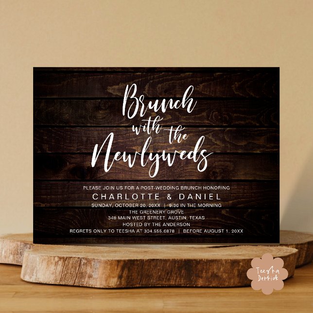 Brunch with the newlyweds, Wedding Elopement Invitation (Brunch with the newlyweds, Post Wedding Elopement Invitation Card PDF Cottage Dark Wood Background)