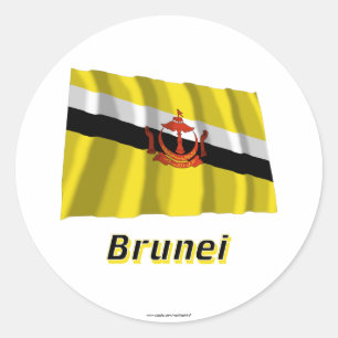 Brunei Waving Flag with Name Classic Round Sticker