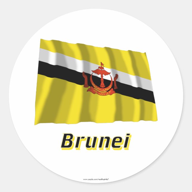 Brunei Waving Flag with Name Classic Round Sticker (Front)