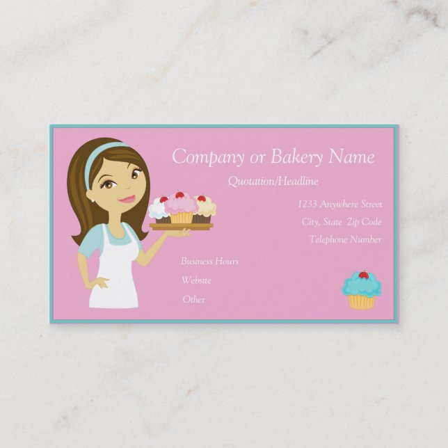 Brunette/Aqua Cupcake Baker/Bakery 3 Business Card (Front)