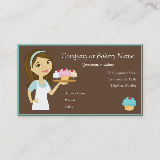 Brunette/Aqua Cupcake Baker/Bakery Business Card (Front)
