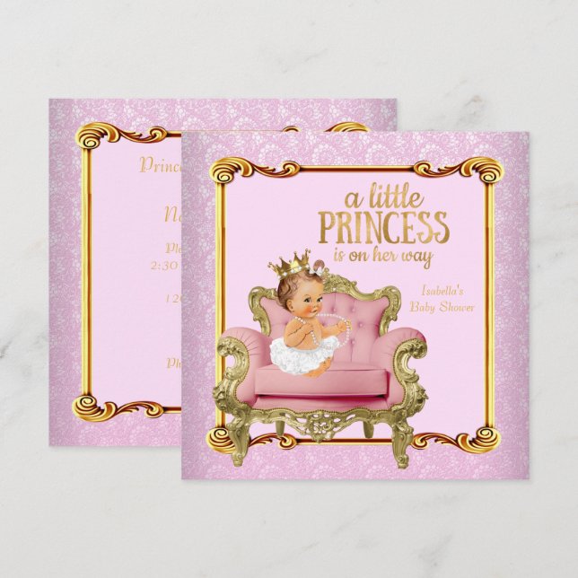Brunette Baby Princess Baby Shower Pink Gold Chair Invitation (Front/Back)