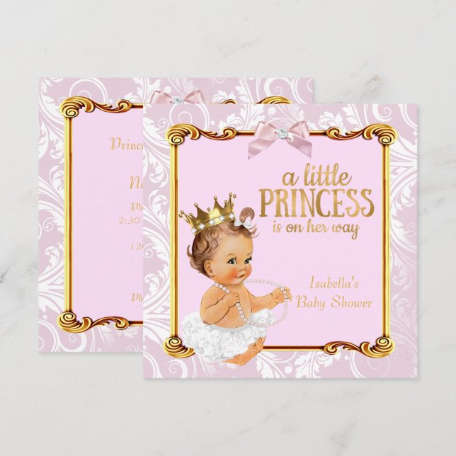 Brunette Baby Princess Baby Shower White Pink Gold Invitation (Front/Back)