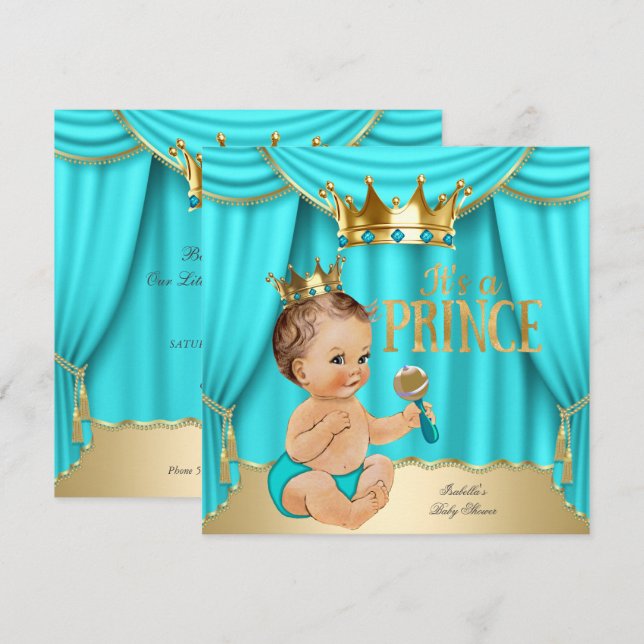 Brunette Baby Shower Prince Aqua Blue Gold Crown Invitation (Front/Back)
