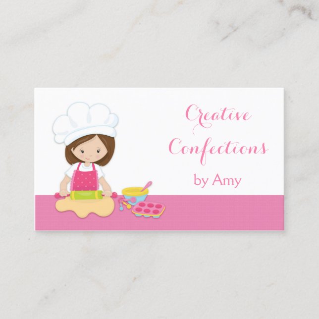 Brunette Baker, Chef Hat, Pink Business Card (Front)