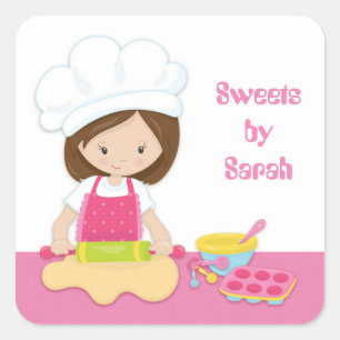Brunette Baker, Chef Hat, Pink Square Sticker