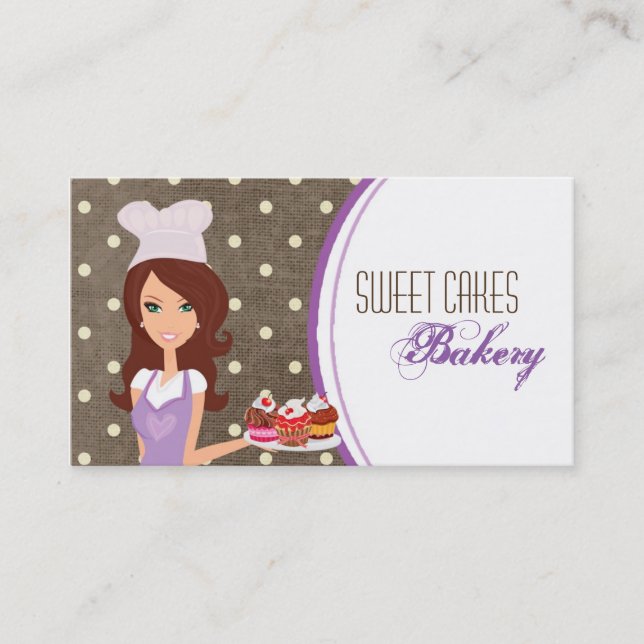 Brunette Baker on Purple Cup Cakes Business Card (Front)