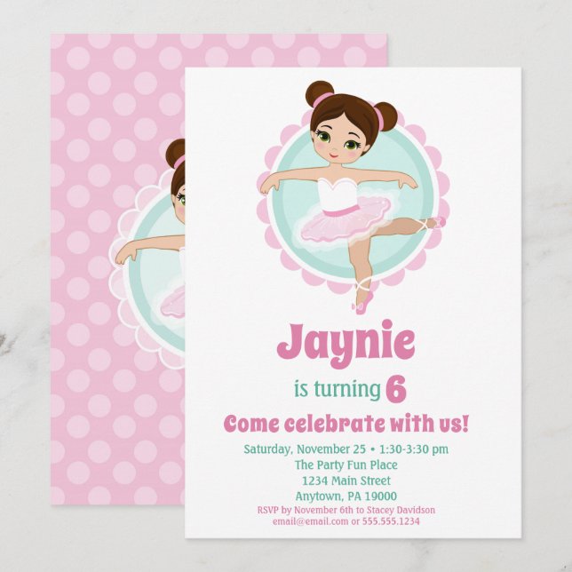 Brunette Ballerina Ballet Dancing Birthday Party Invitation (Front/Back)